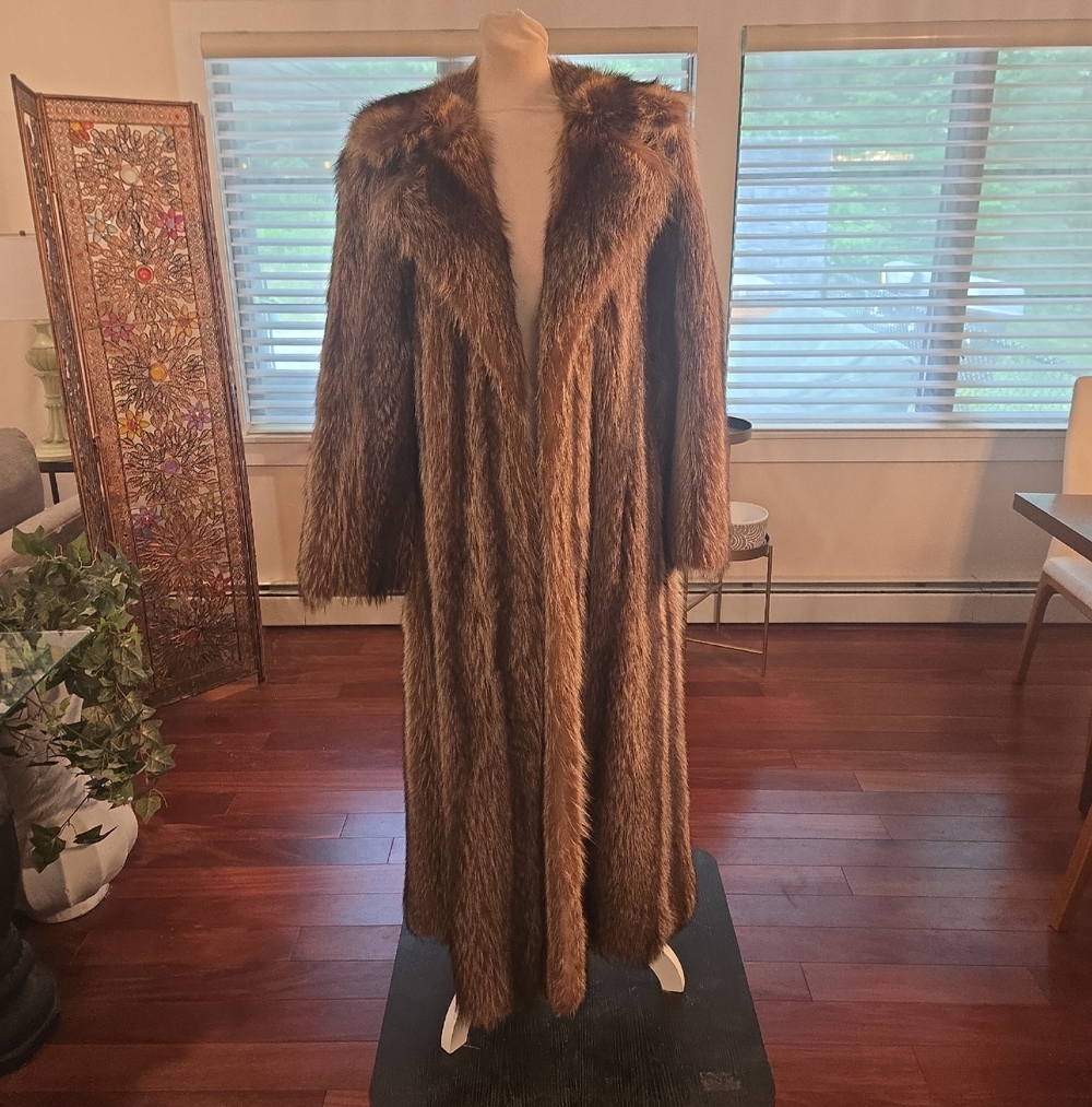 VTG 80s Genuine Hooded Racoon Fur Full Length Maxi Coat Mob Wife Glam Festival S - Picture 2 of 9